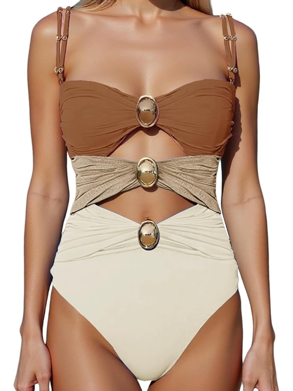 Tri-Tone Ring Detail One-Piece Swimsuit in Brown, Gold, Cream